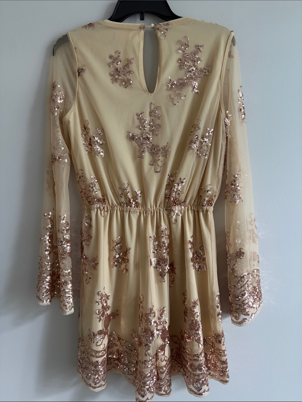 Main Strip Beige Romper with Rose Gold Sequin Floral Accents - Picture 2 of 4